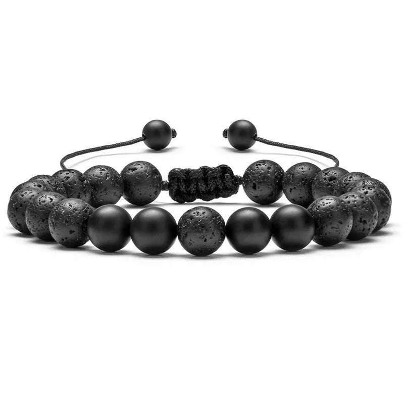 Matte black agate geometric bead couple bracelets on a white background.