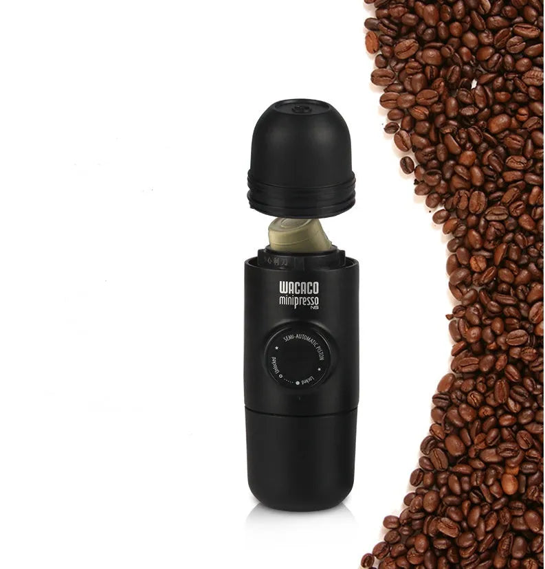 Black portable manual espresso coffee machine with stainless steel parts, shown at 17.5cm height.