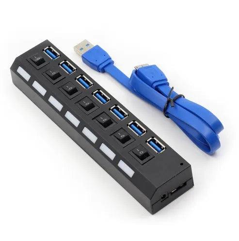 7 port USB 3.0 external hub with power adapter, ABS casing, black, US plug, front view