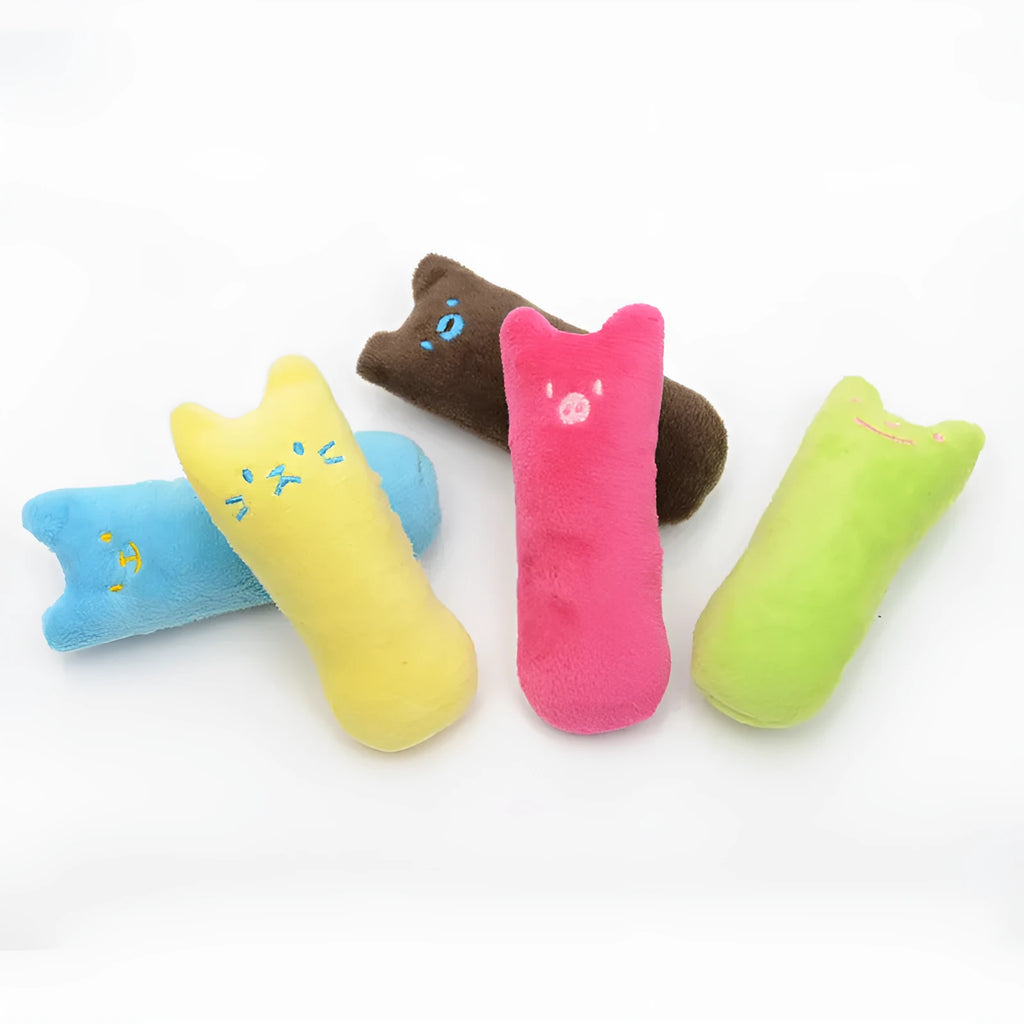 Interactive catnip plush toy for cats in rose red and green on a light background