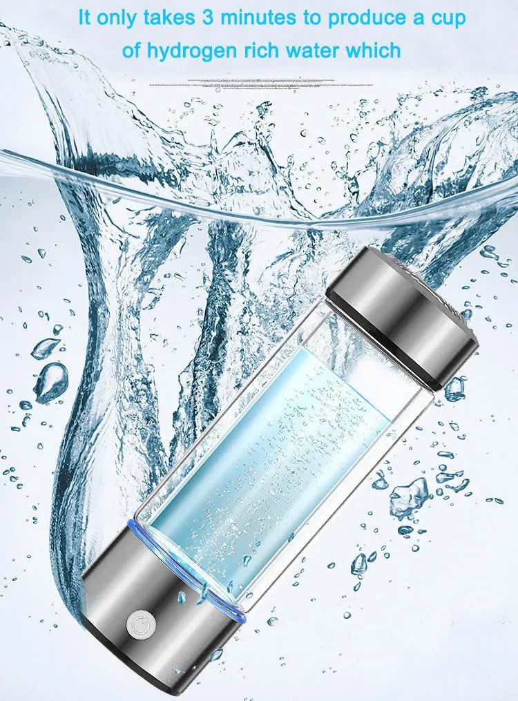 Portable hydrogen water bottle made from high borosilicate glass and 304 stainless steel, with silver finish
