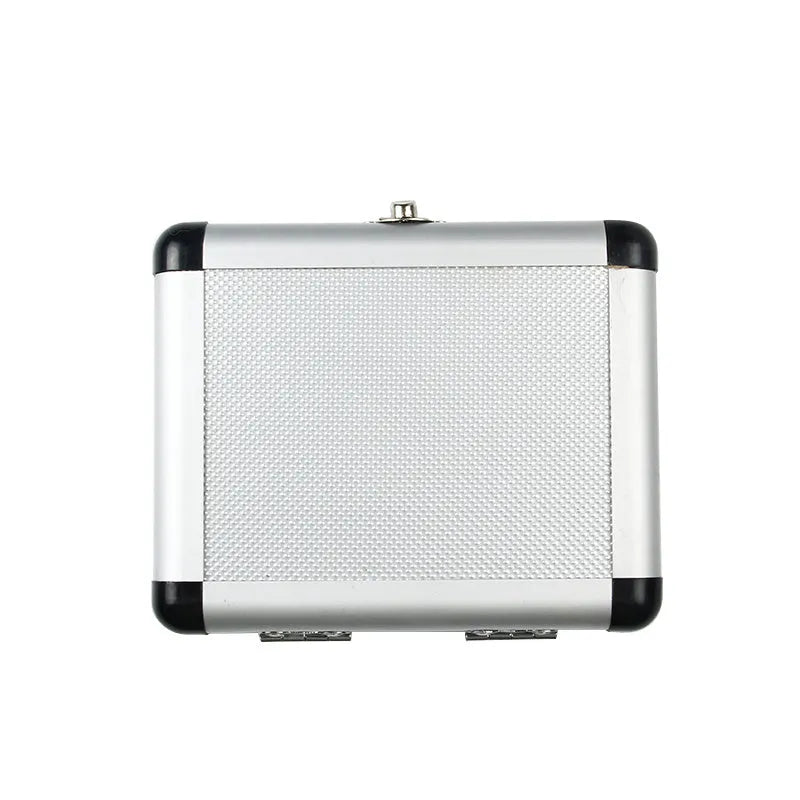 Gold coloured aluminium storage box with steel plate opening mechanism, shown with ruler indicating 58-80mm length.