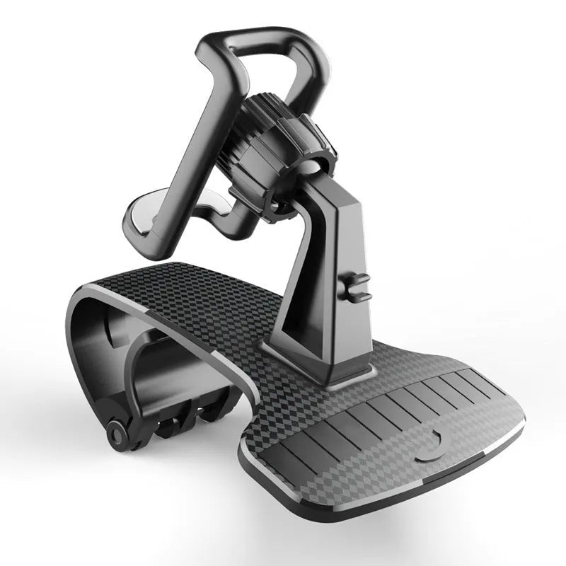 Black 360-degree adjustable universal car phone mount shown on car dashboard holding smartphone
