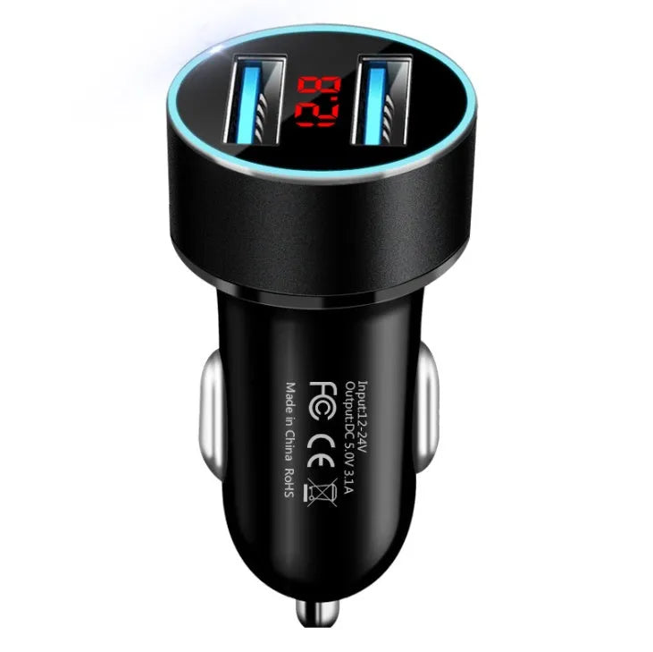 Dual USB car charger with digital display showing battery voltage, aluminium alloy ring, silver colour