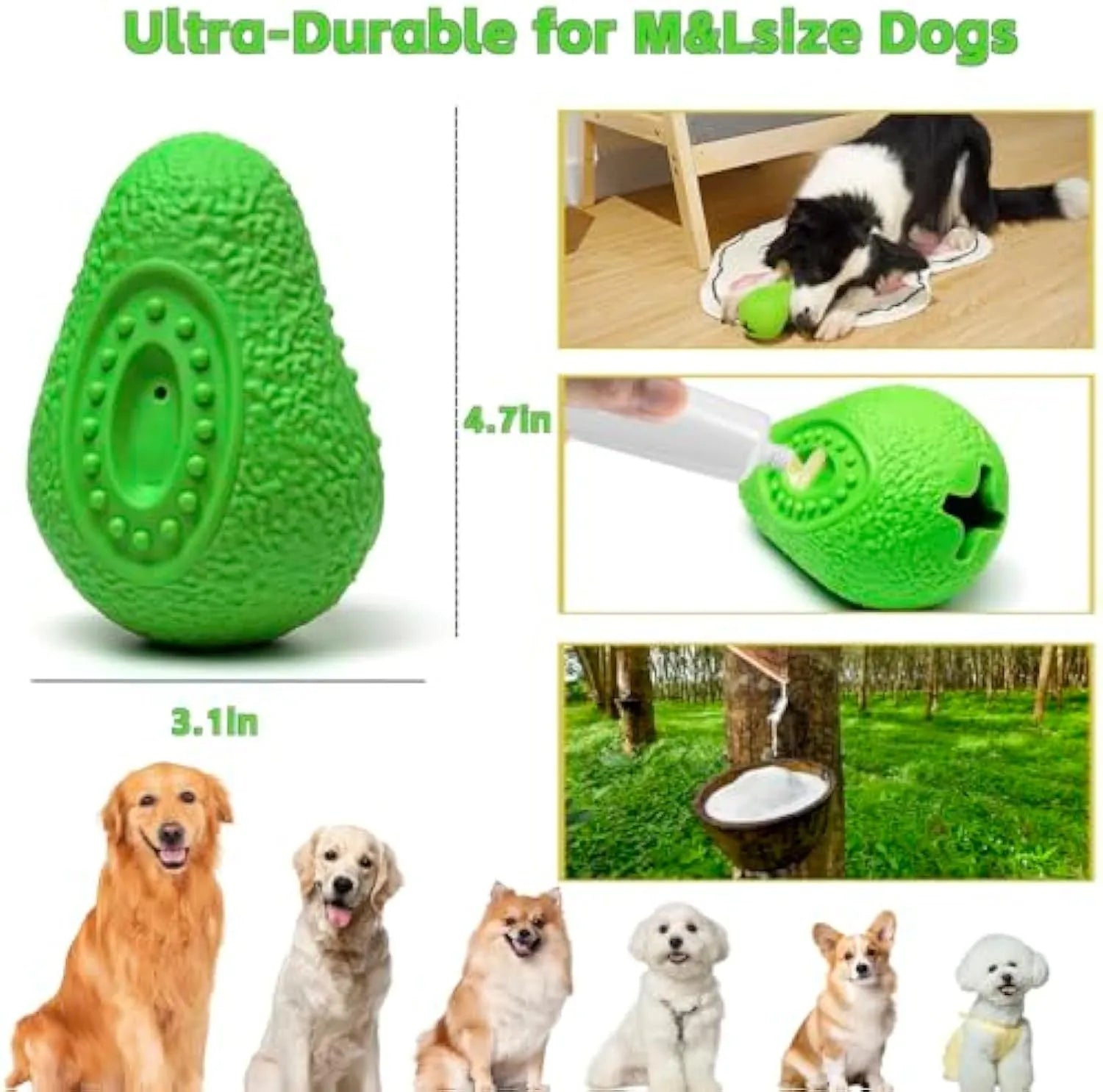 Green avocado-shaped natural rubber dog chew toy for aggressive chewers and dental cleaning.