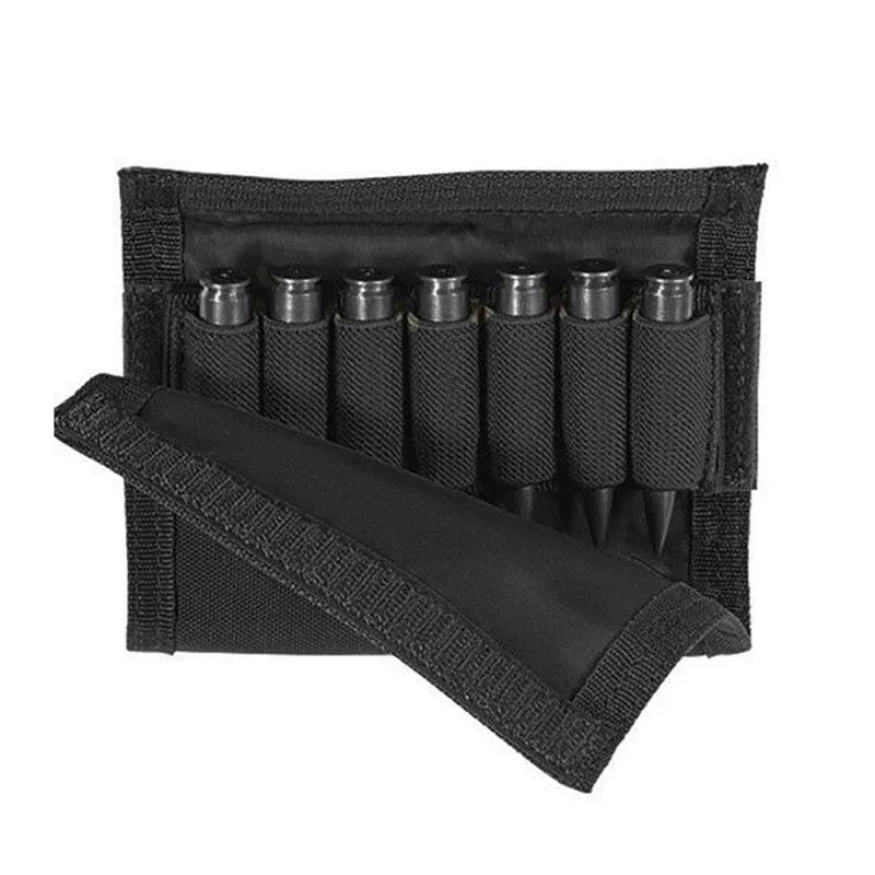 Black nylon cheek rest for rifle stock with hook and loop straps and removable ammo carrier