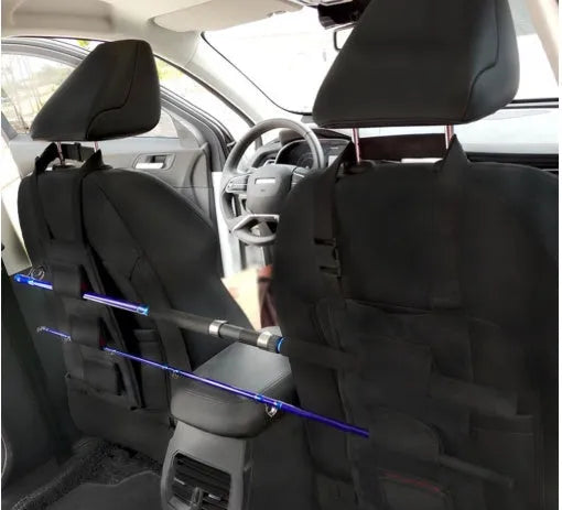 Black fishing rod holder for car seat, 180 x 380mm, holds three rods, neoprene wrap