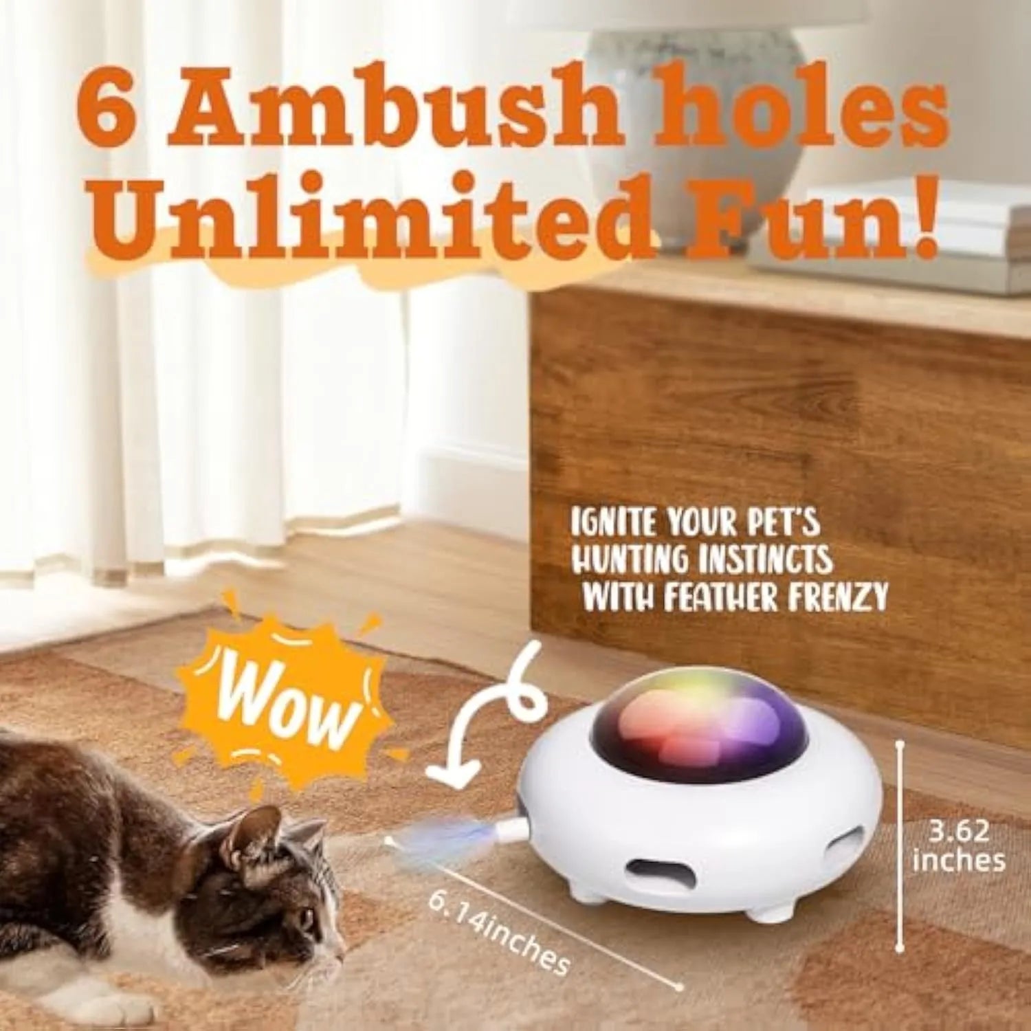 White automatic cat toy with feathers and cleaning ring on floor