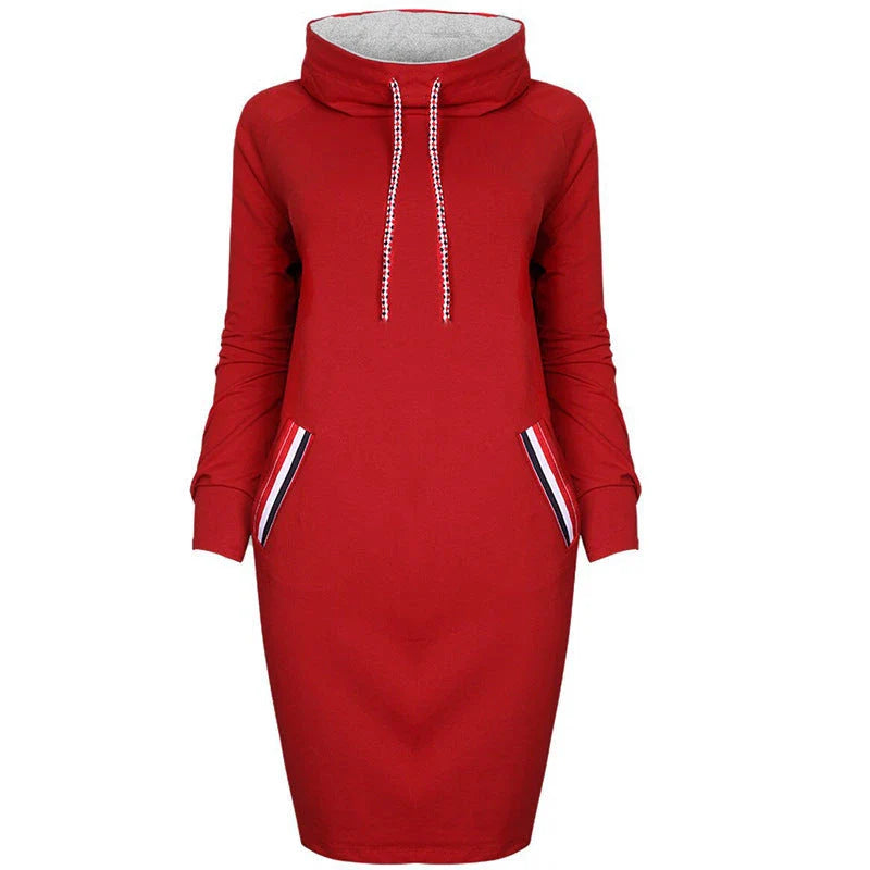 Elegant long sleeve midi dress in various colors and sizes, featuring a high collar and flattering silhouette