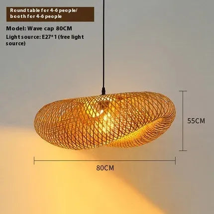 Natural bamboo straw hat-shaped hanging ceiling lamp chandelier on a white background.