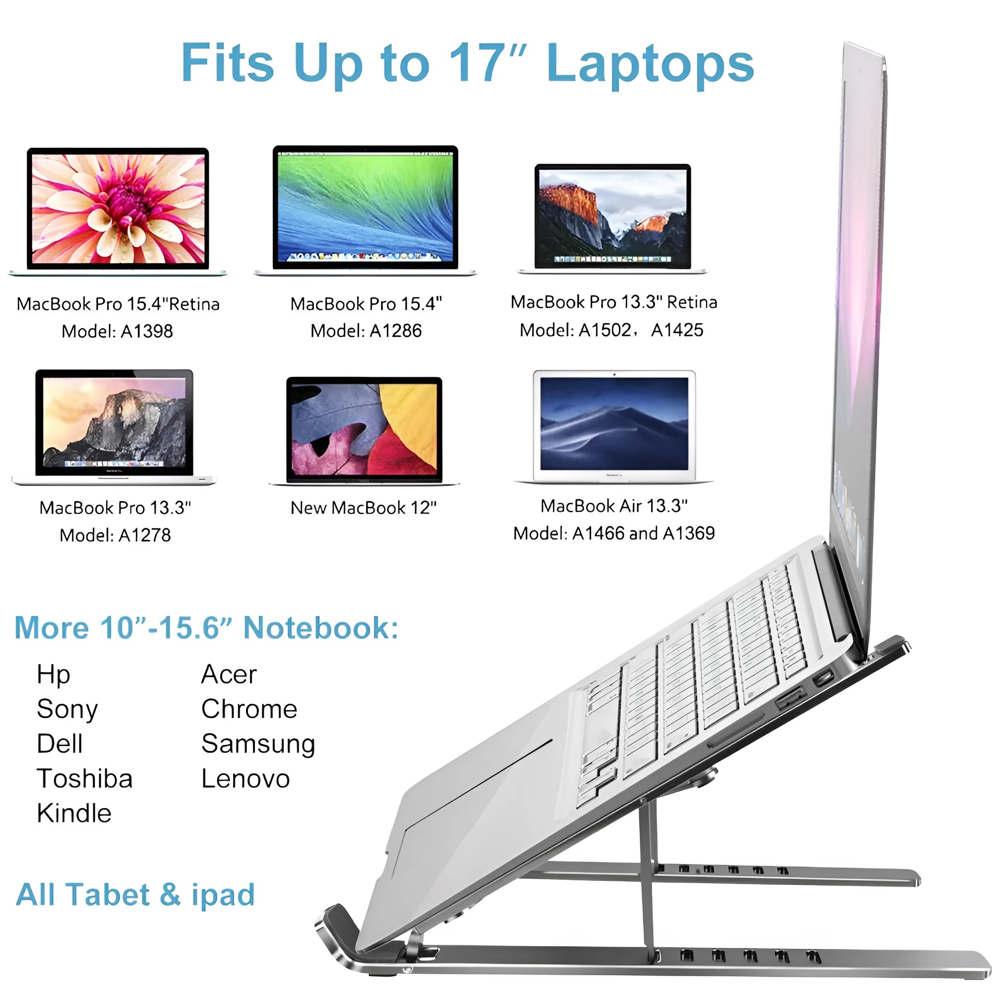 Silver aluminium laptop stand showing six height adjustment positions with laptop elevated
