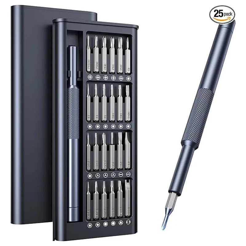 25-in-one magnetic screwdriver set with knurled handle, showing precision bits and a length of 110 mm.