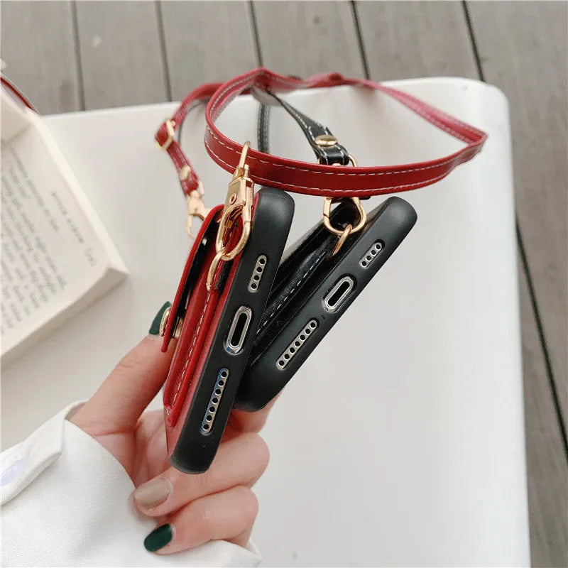 Imitation leather iPhone back cover with 3D coin purse, card slot and messenger rope in black, blue, khaki or red.