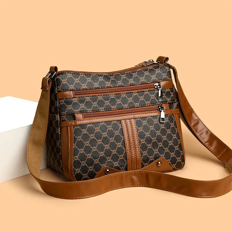 Brown and white large women's crossbody bag with stitching pattern detail