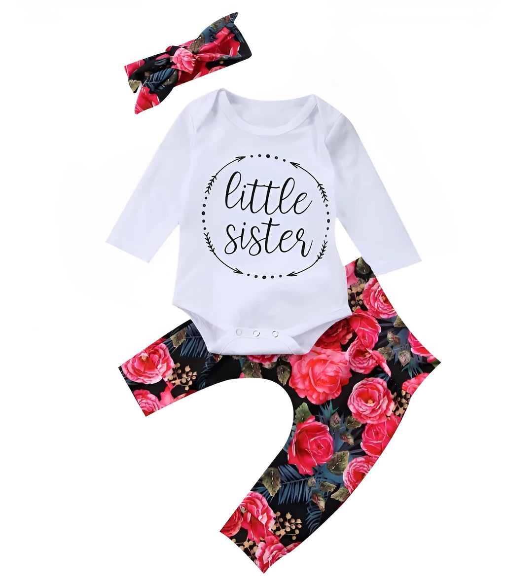 Girls' autumn three-piece cotton set with long-sleeved top, bottoms and hair band in floral and letter print, sizes 70cm to 100cm