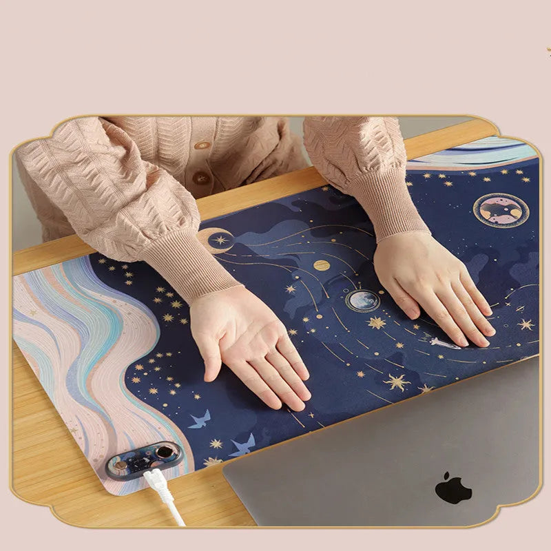Electric desktop heating mat with PVC leather surface showing idyllic decorative pattern