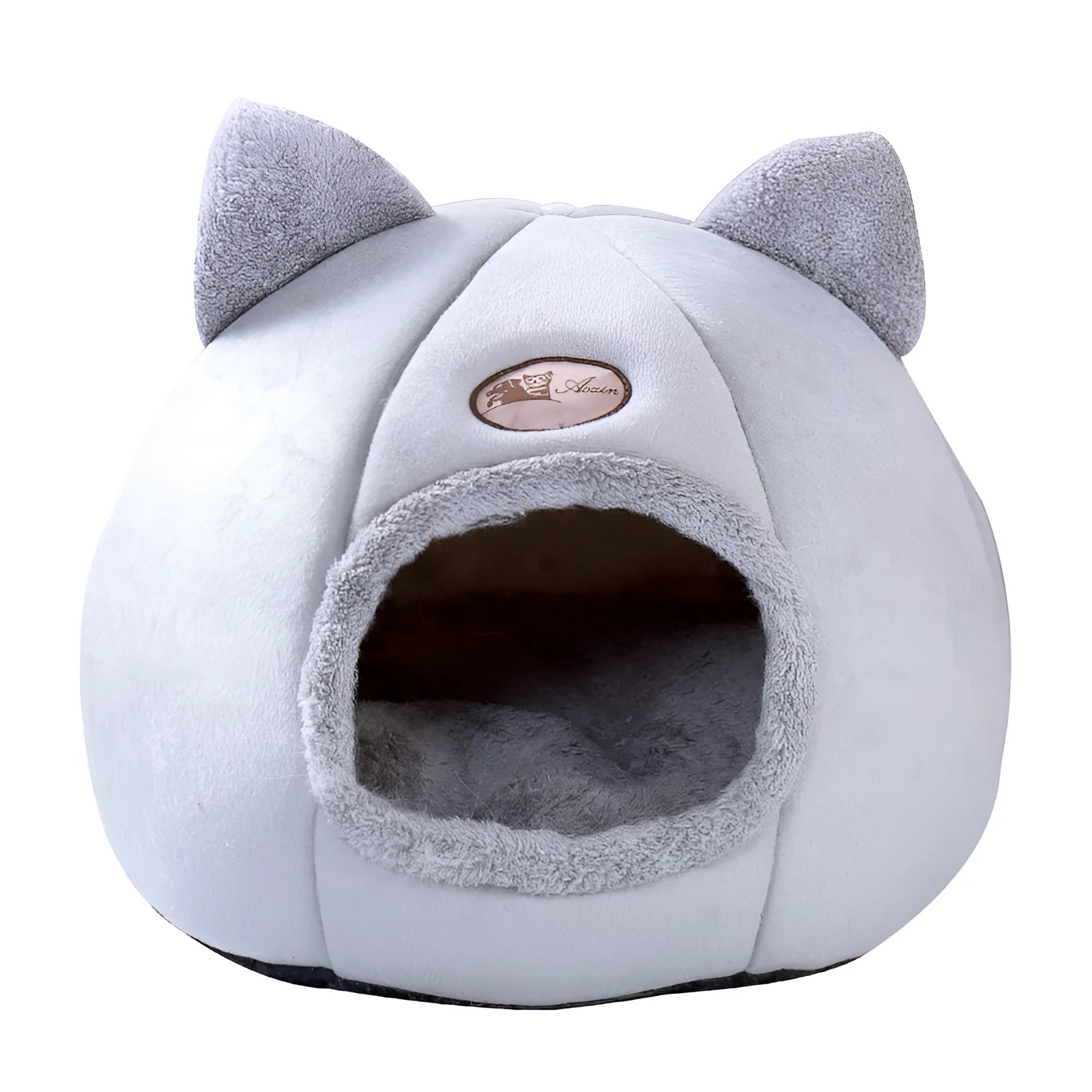 Semi-enclosed warm and fluffy pet nest in plush fabric with raised rim, available in M L and XL sizes for dogs and cats