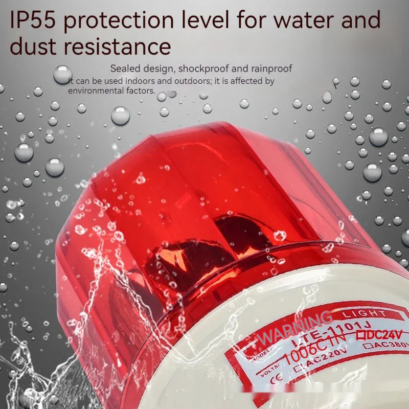 LTE-1101J industrial rotating strobe warning light with sound alarm, shown with red lens.