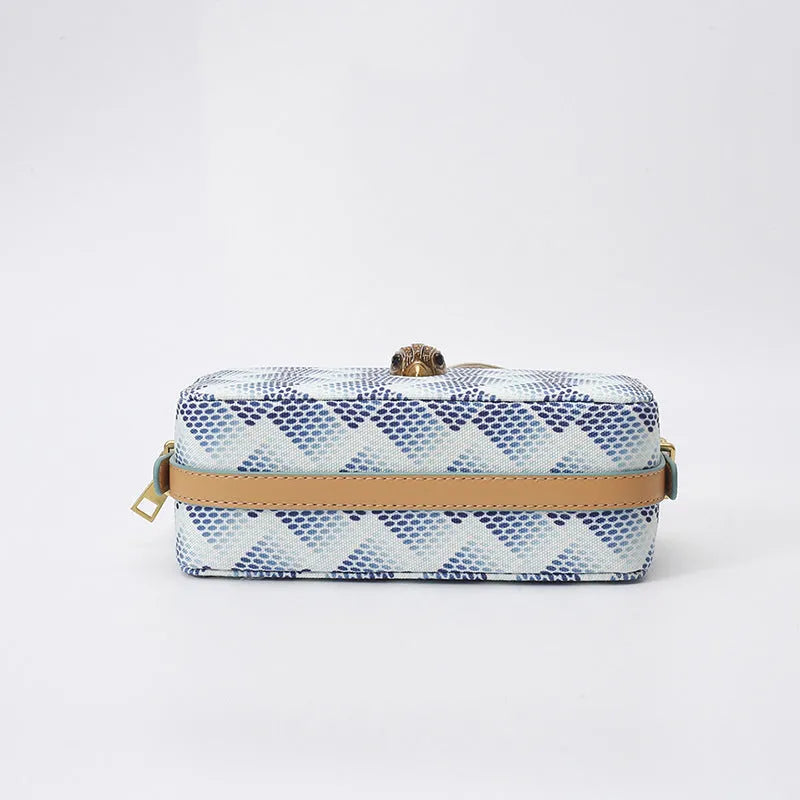 PU crossbody camera bag with wide strap, soft horizontal square shape, blue or multi-colour