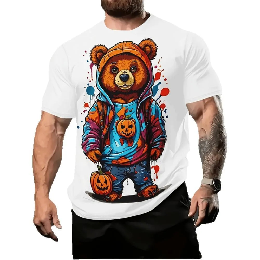 Men's loose fit short sleeve shirt with 3D cartoon print in milk silk fabric