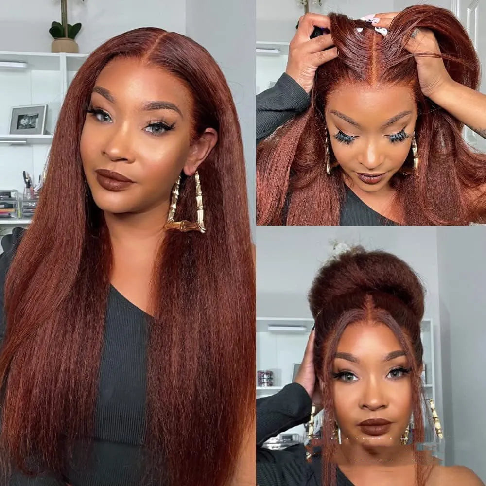 Medium split fluffy brown long straight hair wig 70cm length on neutral background