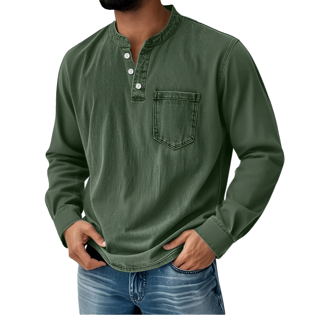Printed three-button long-sleeve T-shirt for young men, slim fit, polyester, digital print