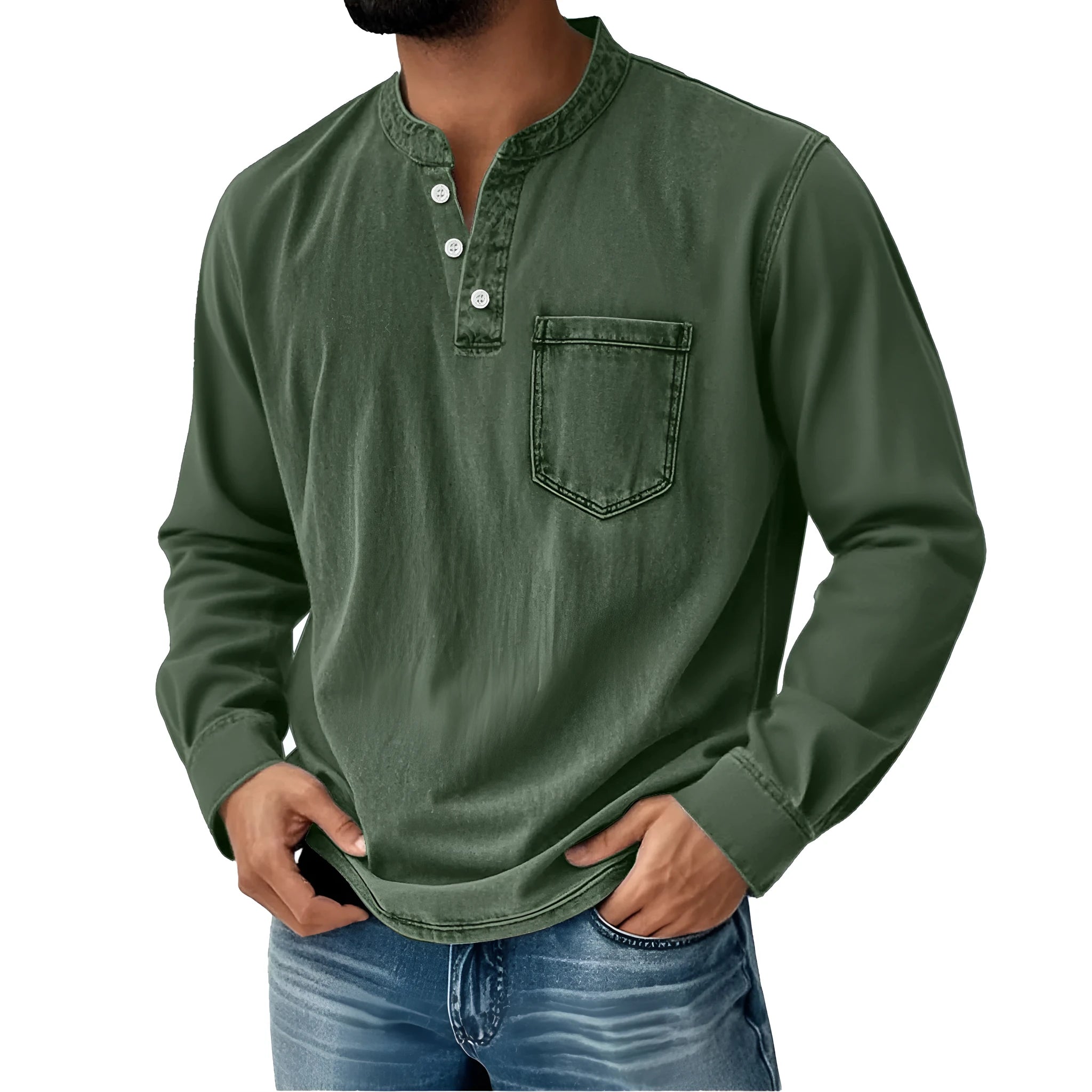 Printed three-button long-sleeve T-shirt for young men, slim fit, polyester, digital print