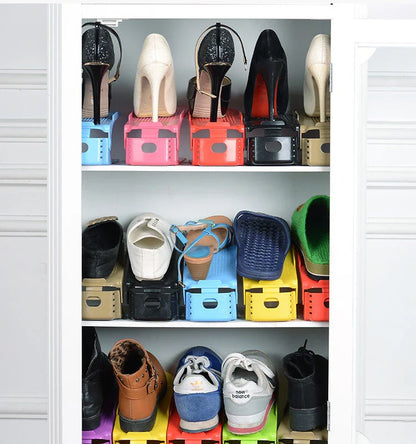 Adjustable, collapsible shoe organizer rack made of durable polypropylene for space-saving closet storage