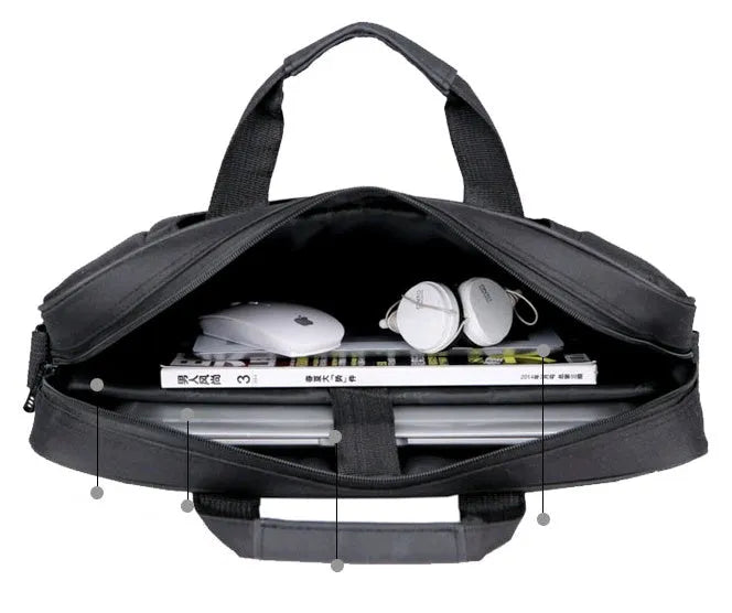 Black polyester laptop bag for 15-inch and 15.6-inch ASUS computers with shoulder strap and multiple pockets.