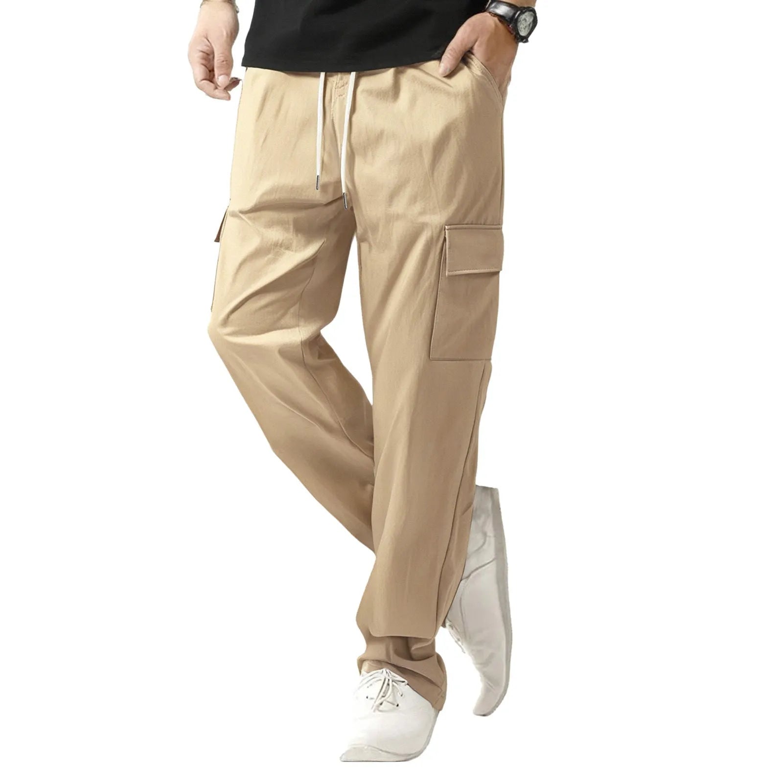Men's loose straight leg cargo trousers in solid colour, quick-drying polyester blend, available in black white khaki light blue gray