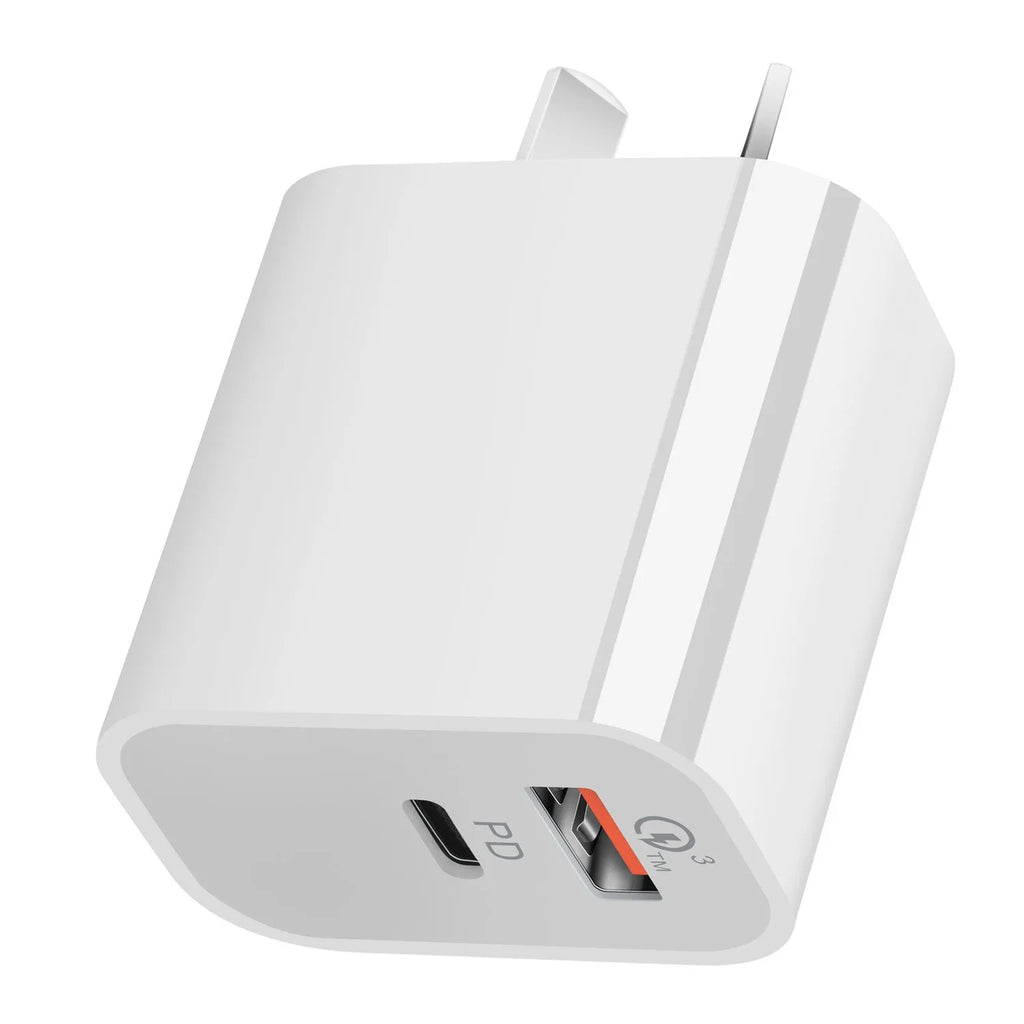 White Australian dual-port USB charger with USB-A and USB-C ports showing Australian plug