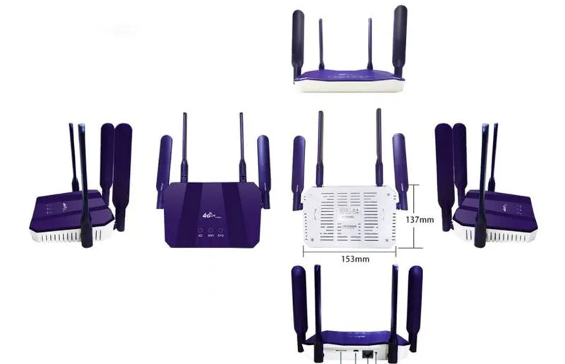 Blue 4G dual-mode router with four external antennas on a desk.