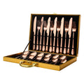 Stainless steel tableware 24 piece set showing table knives, forks, and spoons in multiple colour options