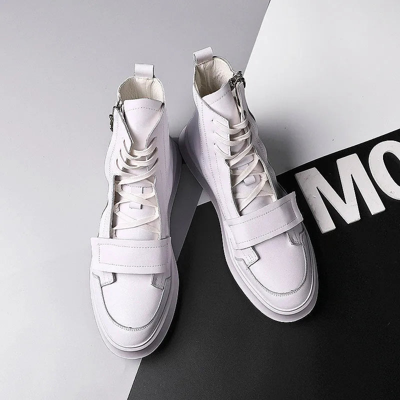 Men's black and white PU leather ankle boots with a high-top sneaker design for winter.