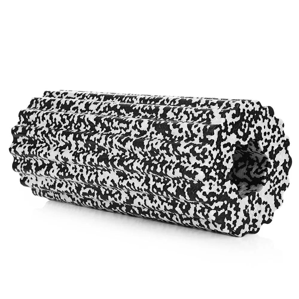 High density EPP foam roller 32 x 14 cm with quincuncial surface, shown in black and white for yoga and muscle massage.