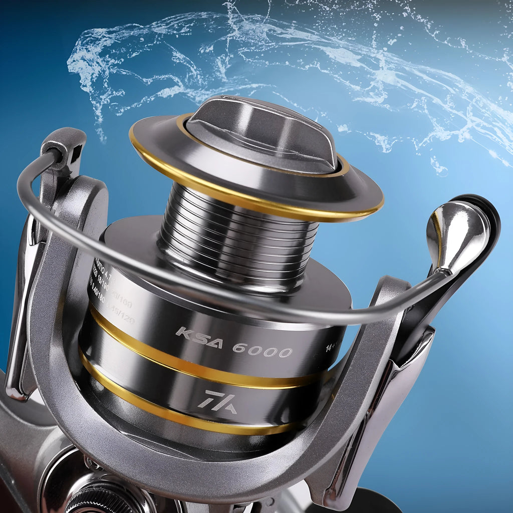 Silver sub fishing line wheel spinning reel with metal wire cup, folding rocker arm and copper gear bar, sizes KSA1000 to KSA5000