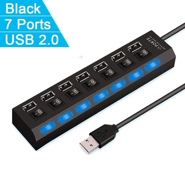Black and white USB 3.0 hub showing 4-port and 7-port models for computer connectivity