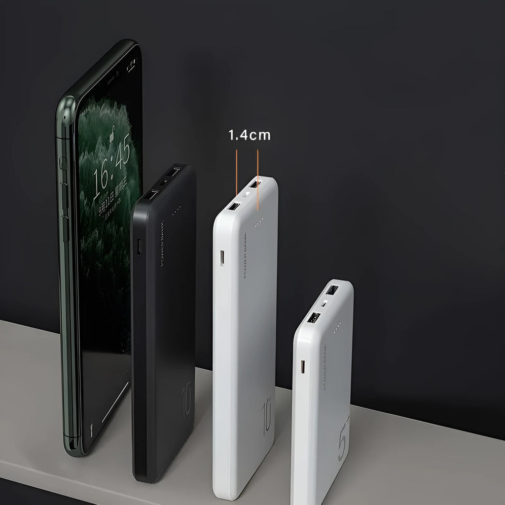 Ultra-thin 10000mAh power bank in black with multi-U port output on a white background