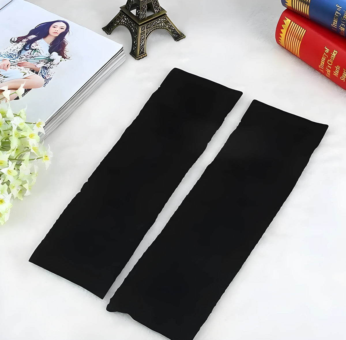 Leg shaping belt in skin colour on a white background, nylon fabric calf-length fitness support