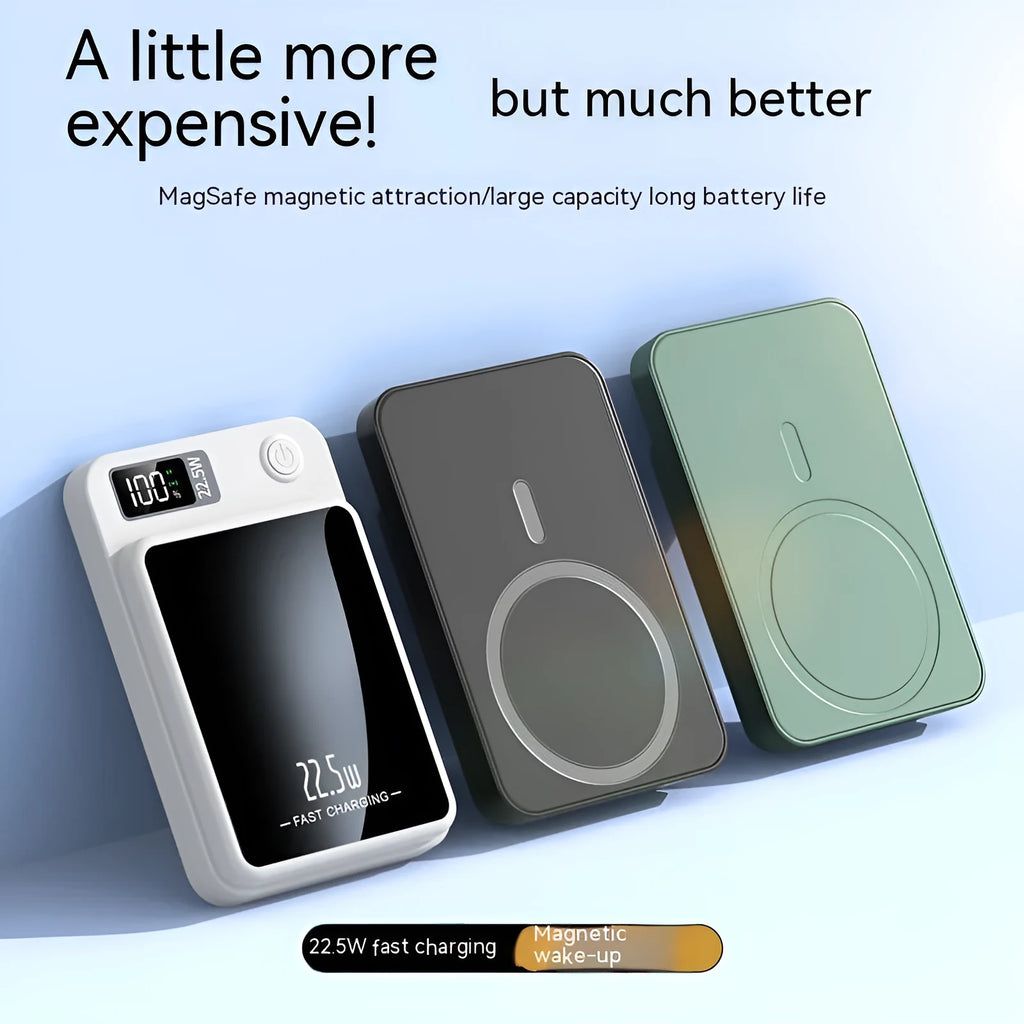 Wireless power bank in industrial style plastic design showing Magsafe charging surface