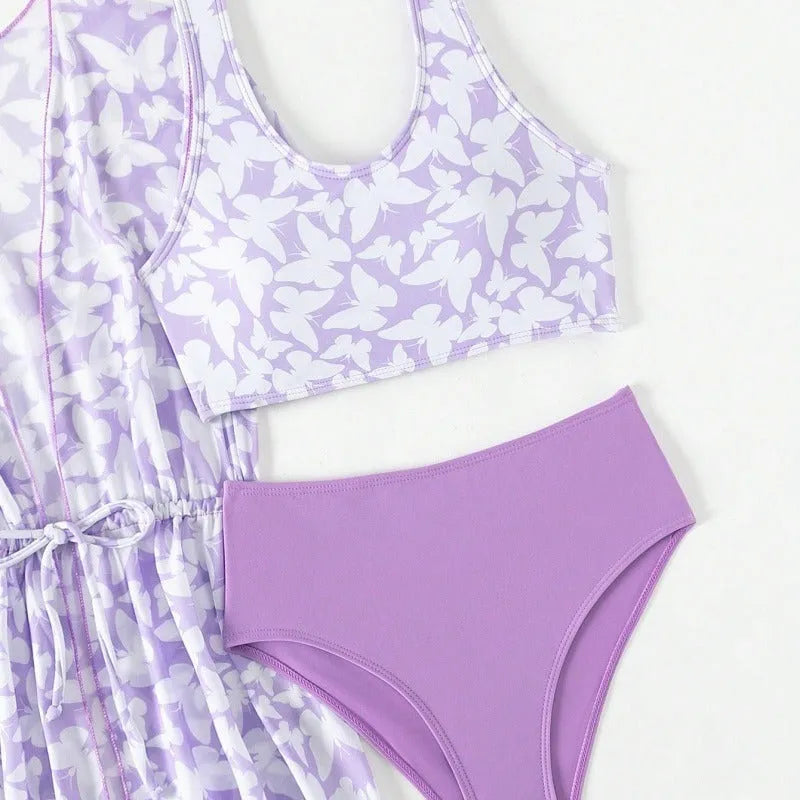 Three-piece polyester swimsuit set for girls aged 8-12 in colour 3218 with coat, vest, and pants