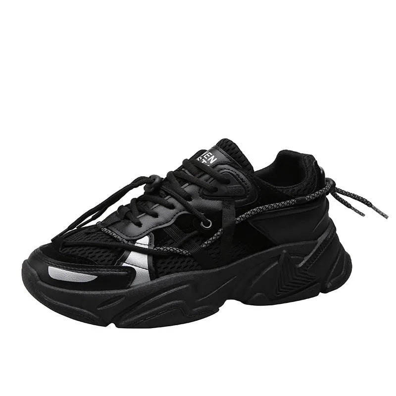 Men's white platform dad shoes with lace-up front and mesh lining on a neutral background.