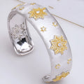 925 silver gold plated divided snowflake open cuff bracelet 18mm wide adjustable