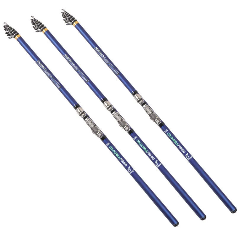 Blue carbon rock fishing rod telescopic design on rocky shore for sea fishing