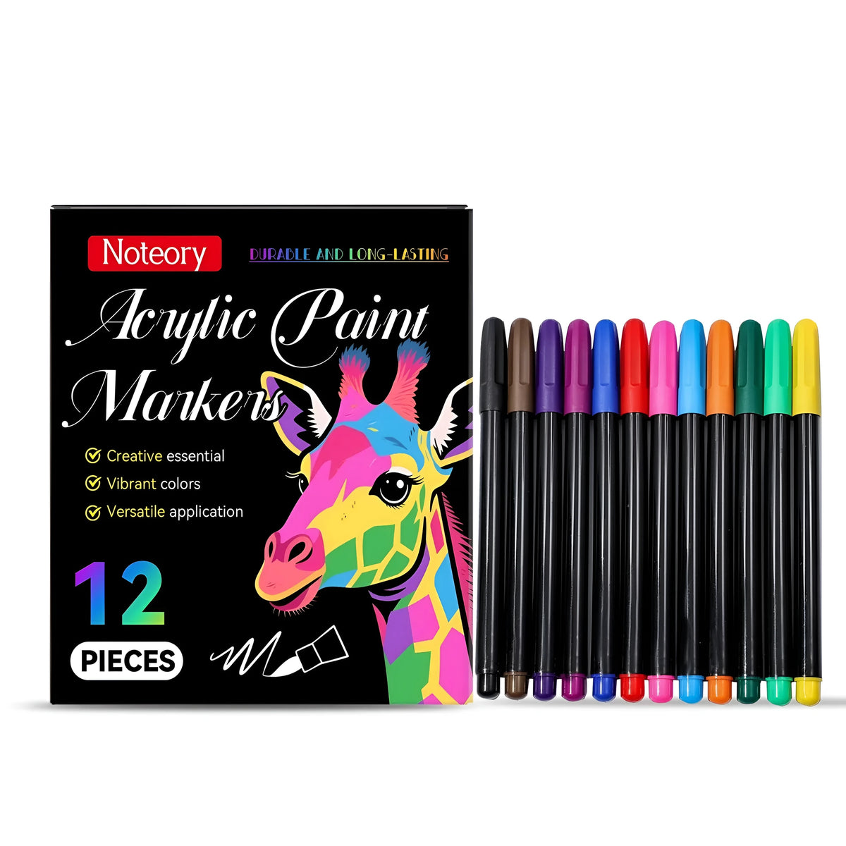 Pack of 12 acrylic paint markers for use on glass, ceramics, and wood surfaces.