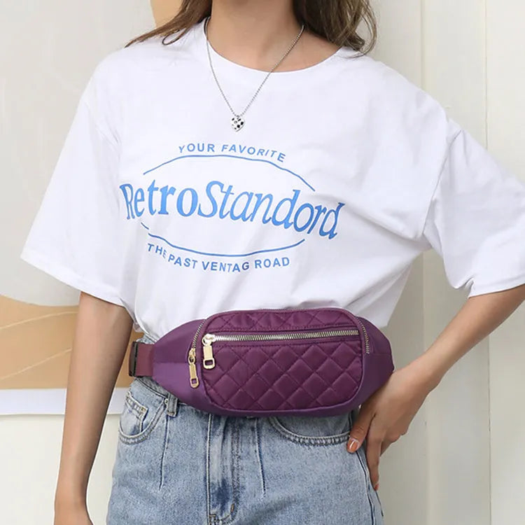 Rhombus nylon fanny pack for women, crossbody waist bag with zipper closure in solid colour, medium size, soft handle.