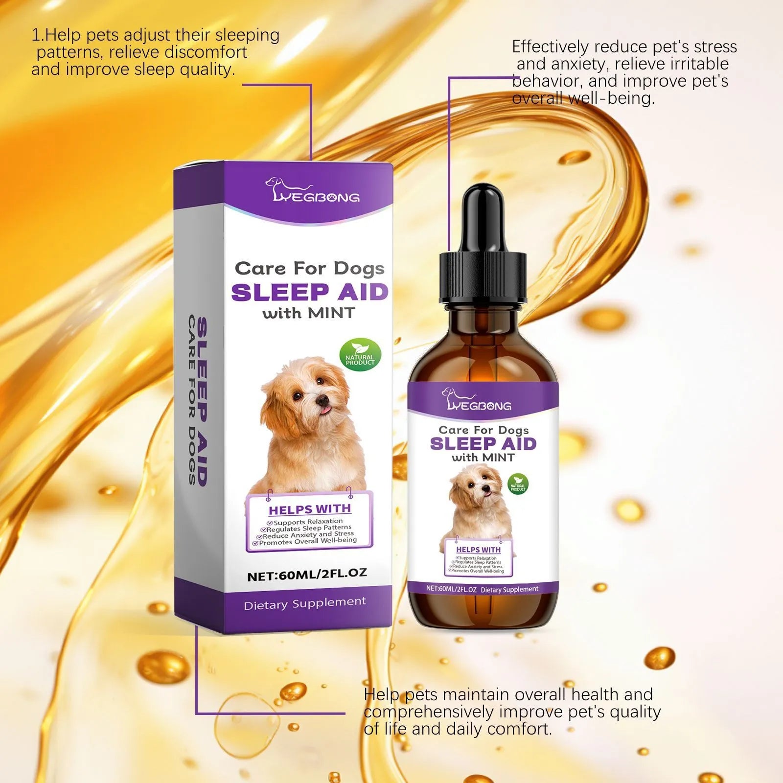 60ml bottle of dog sleep drops with mint extract formula for canine night-time support