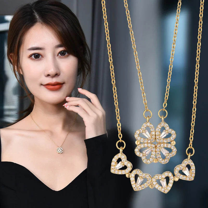 Captivating four-leaf clover necklace made of premium titanium steel with a diamond inlay design, offering a non-fading shine and timeless elegance