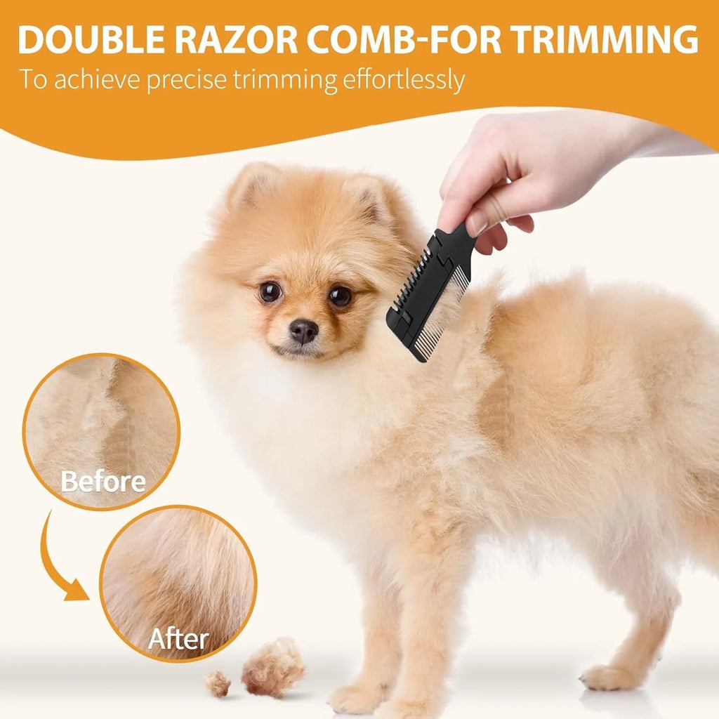 Pet razor comb with comb teeth and integrated grooming blade for dogs and cats.