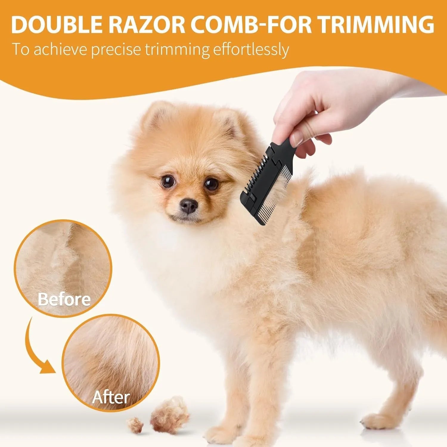 Pet razor comb with comb teeth and integrated grooming blade for dogs and cats.